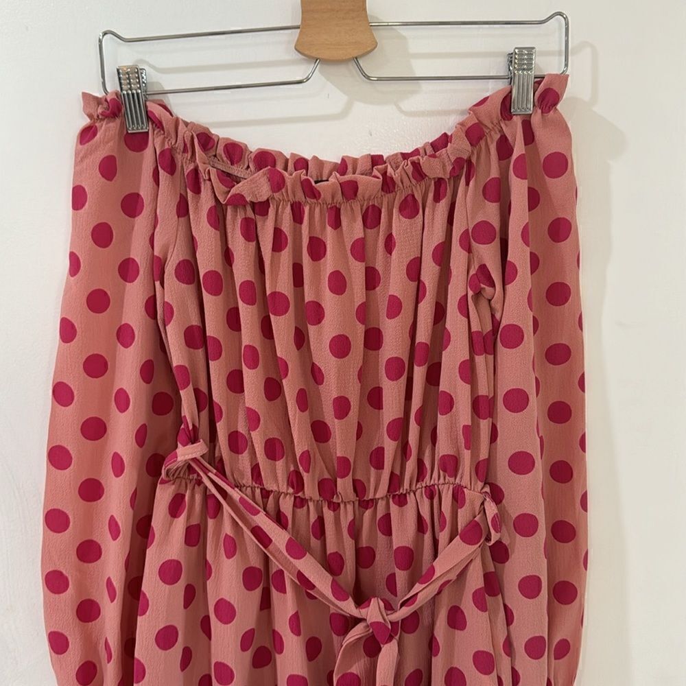 PRETTY LITTLE THING pink polka dot ruffle off shoulder dress empire waist belt 6 - Picture 6 of 10